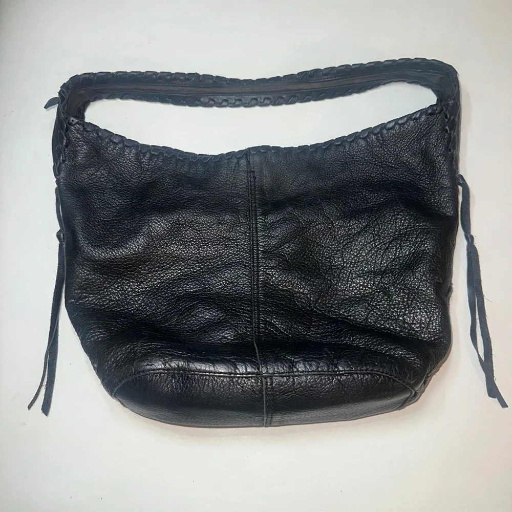 Y2K Lucky Brand Black Pebbled Soft Leather Hobo Shoulder Bag Purse Lace Up Sides